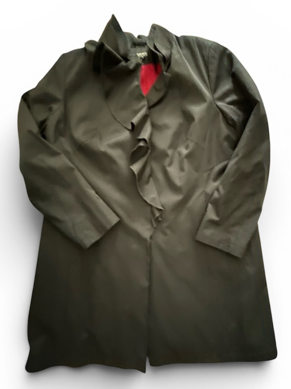 DKNY Black Trench Coat with Ruffle and Red Lining size 1X
